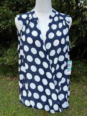 INC International Concepts Navy and White Polka Dot Blouse 16